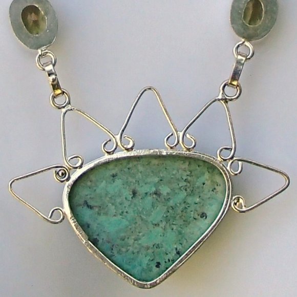Scrollwork Necklace Pendant  .925 Silver Marked Peridot African Turquoise? - Picture 5 of 10